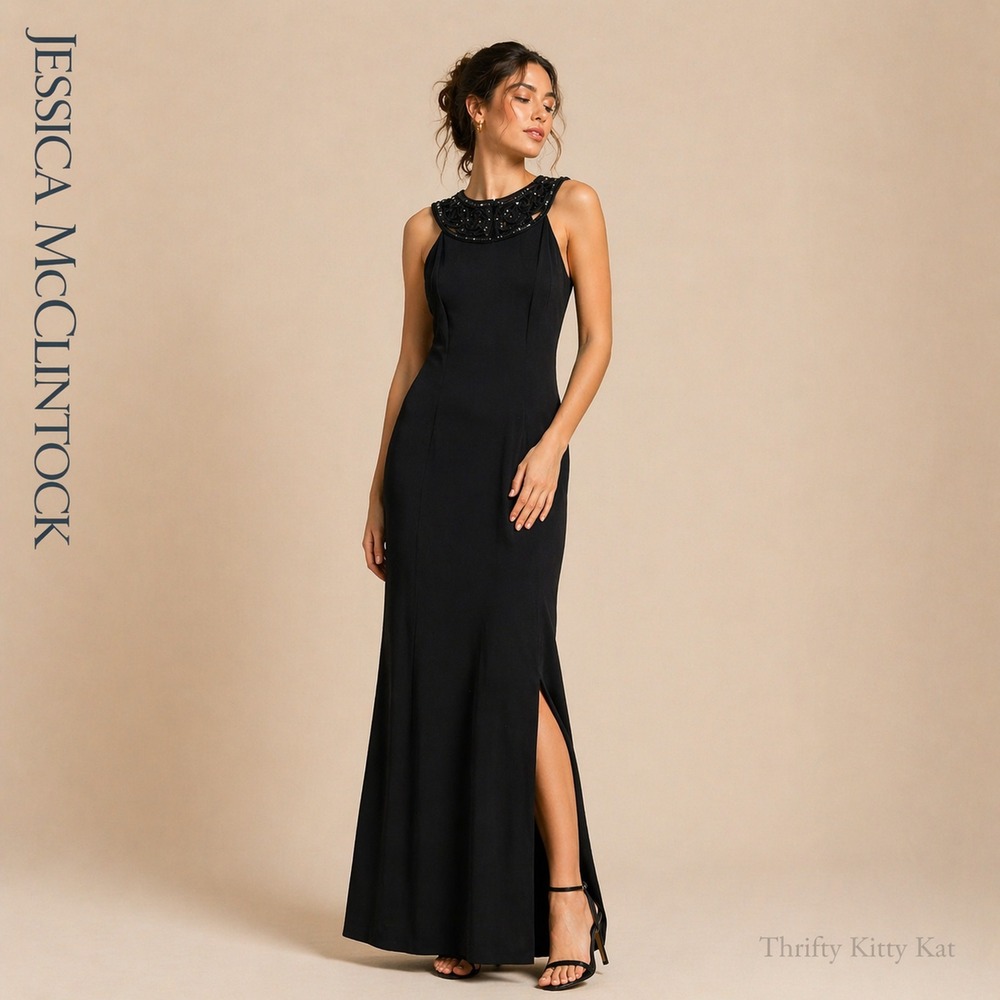 Jessica McClintock‎ Gunne Sax Vintage Formal Maxi Dress Beaded Neck Black 7/8